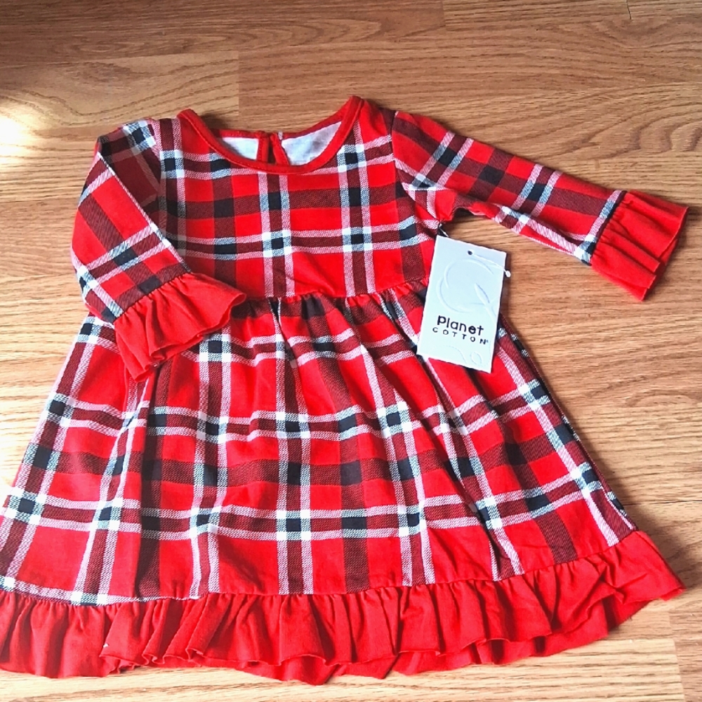NWT Baby Girl Dress By Planet Cotton, Red Plaid,  6mos, 9 Mos